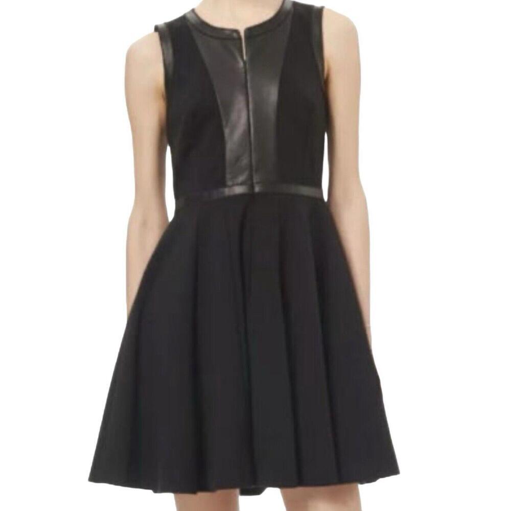 Rebecca Taylor Front Zip Lamb Leather Trim Black Fit & Flare Goth Chic Dress 6